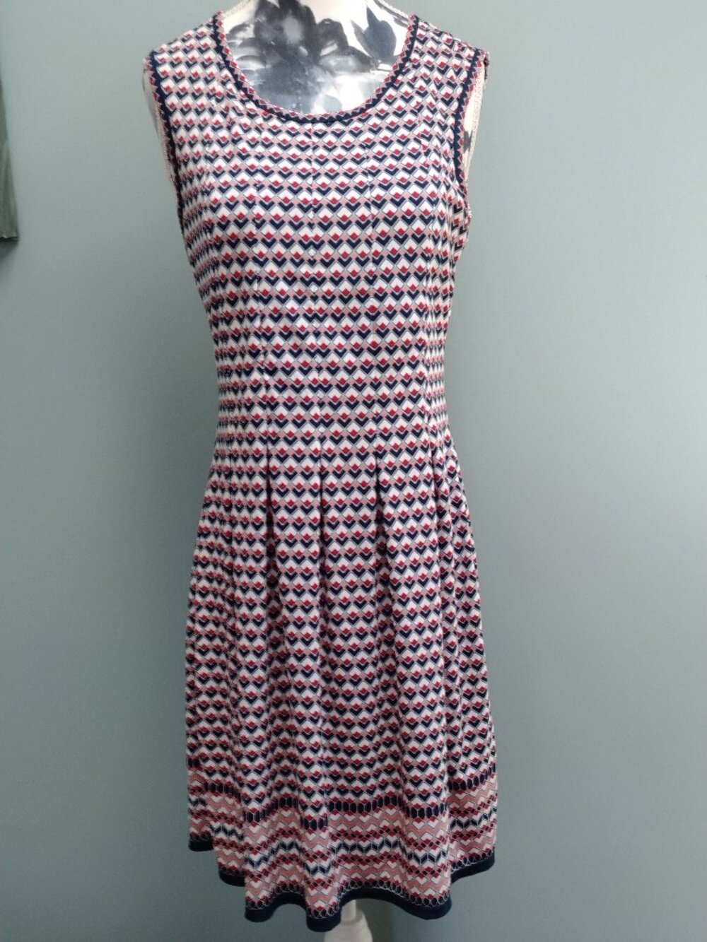 Max Studio Fit & Flare Navy and Peach patterned border dress, XS